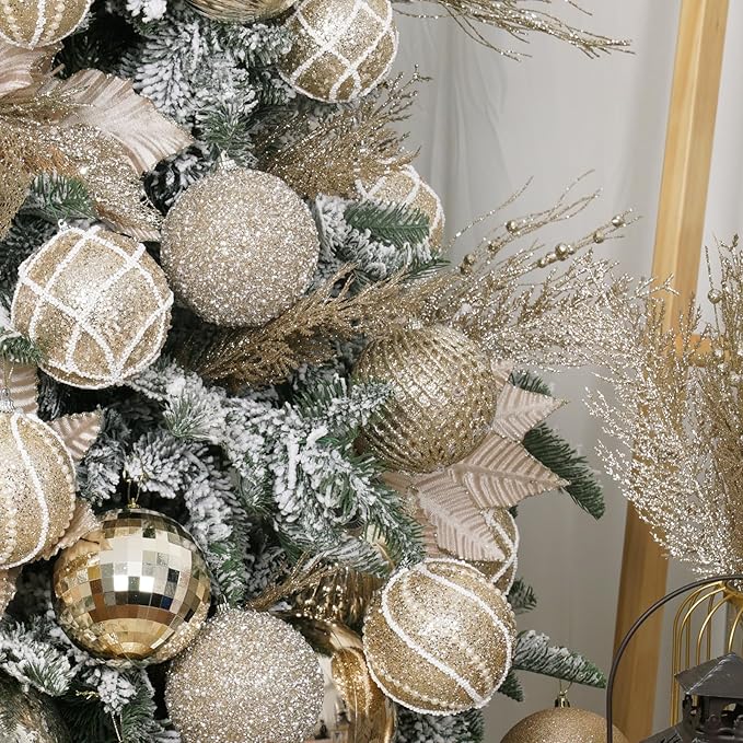 3.15" Christmas Ball Ornaments Glitter Shatterproof Christmas Tree Ornaments Sequin Xmas Hanging Balls Decorations for Wedding Party Holiday(Champagne Gold, 12pc-8cm)