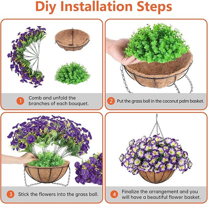 Artificial Hanging Flowers Basket, Fake Plants, Faux Silk Petunias Eucalyptus, for Spring Summer Outdoor Decoration, UV Resistant, Coconut Planter wtih Morning Glories, for Patio Garden Decor (Purple)