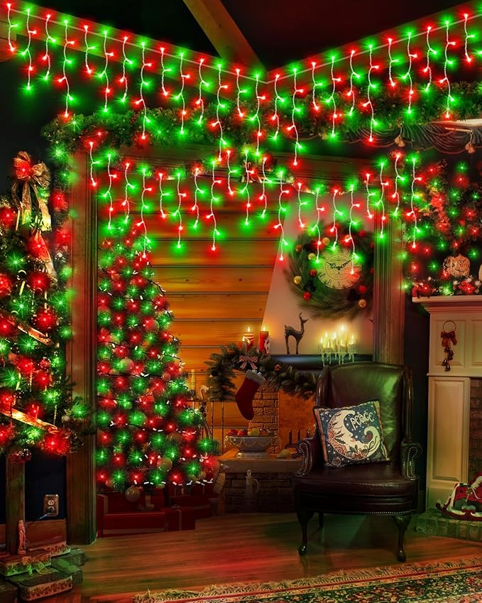 Christmas Lights Outdoor, 53 FT 486 LED Christmas Lights for Outside, Timer & Memory, Plug in 8 Modes Hanging Fairy Light with 108 Drops for House Eaves Yard Patio Decorations, Red Green