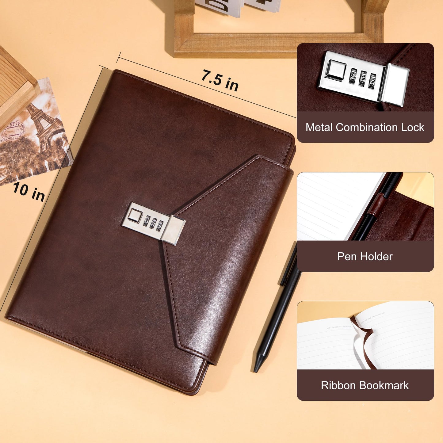 CAGIE Large Notebook Diary with Lock, 7.5 x 10 Inch Leather Journal with Lock for Writing, 220 Pages Women Men Hardcover Lock Diary Password Protected Notebook with Pen & Gift Box