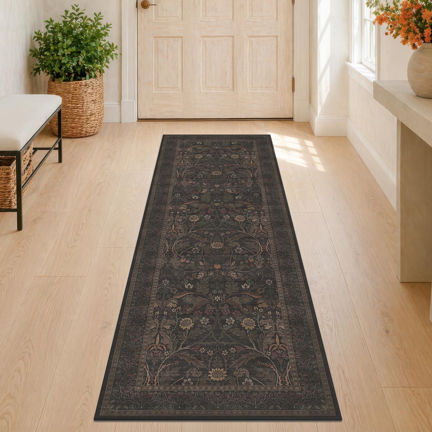 Washable 2x6 Kitchen Rugs Non Slip - Dark Brown Hallway Runner Rug, Farmhouse Non Slip Floral Botanical Bathroom Mats, Southwestern Cabin Bedroom, Hall Way Low Pile Carpet