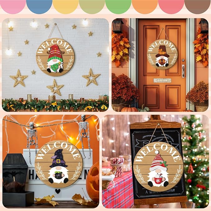 Qunclay Interchangeable Wooden Gnome Decor Holiday Seasonal Gnome Decorations with Magnet Pieces and Detachable Hats Changeable Welcome Sign for Home(Delicate Style)