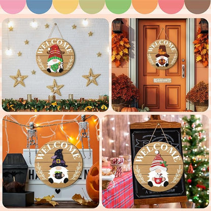Qunclay Interchangeable Wooden Gnome Decor Holiday Seasonal Gnome Decorations with Magnet Pieces and Detachable Hats Changeable Welcome Sign for Home(Delicate Style)