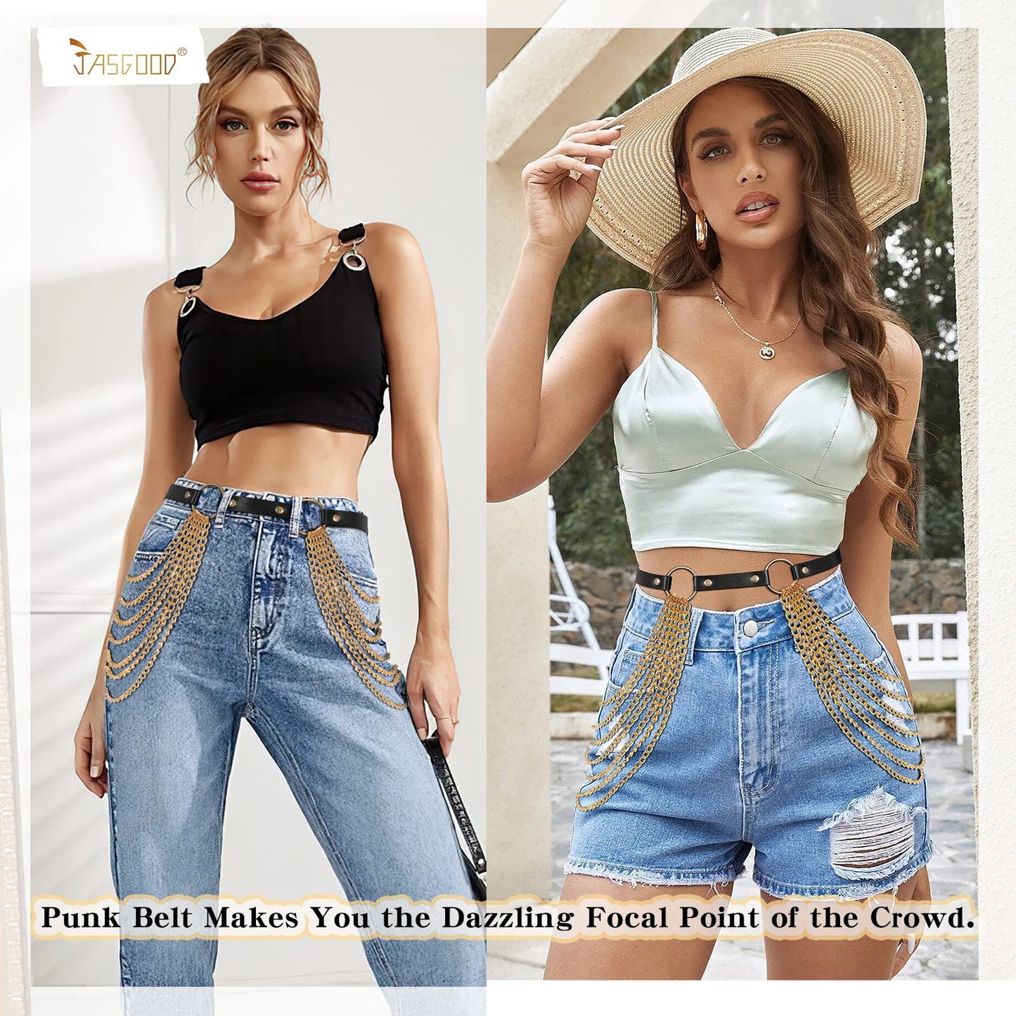 JASGOOD Punk Waist Chain Belt Black Leather Layered Belly Body Waist Chains Nightclub Rave Body Chain Belt for Women Girls (Black with Gold Chain,Fits Pants Size up to 25-32 inch)