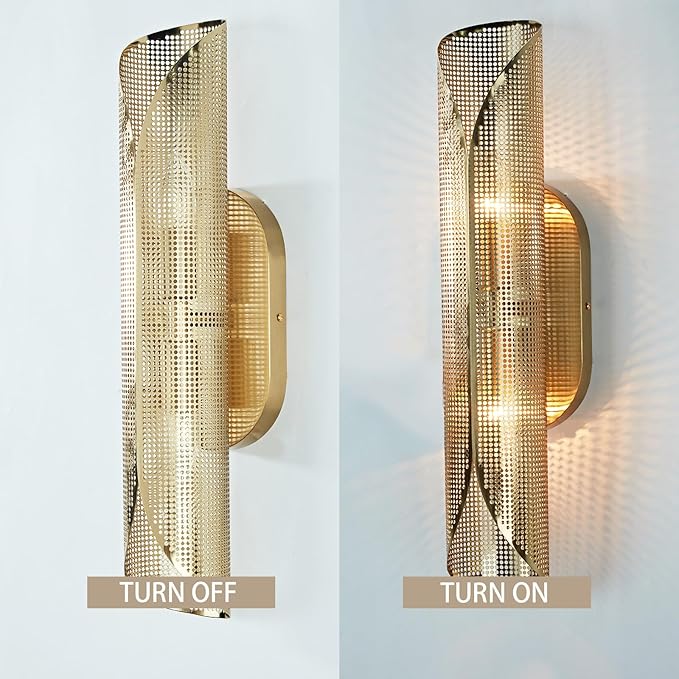 21.6 Inch Curved Perforated Double Wall Sconce, Hand-Made Aged Brass Metal Wall Mounted Light Over Mirror, Luxury Wall Light for Bedroom, Elegant Light Fixture for Indoor