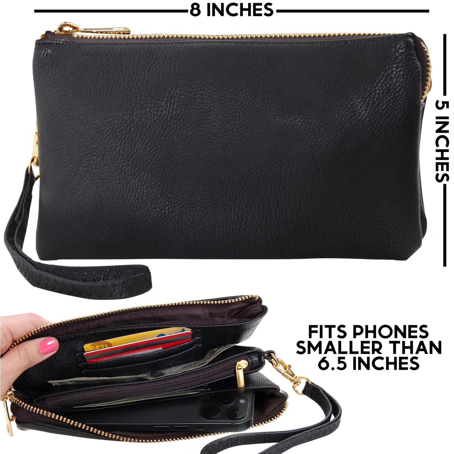 Humble Chic NY Black Wristlet Purses for Women - Small Black Crossbody Purse, Vegan Leather Wristlet Wallets for Women, Small Phone Wallets, Dressy Evening Handbags, Vegan Leather Crossbody Bag