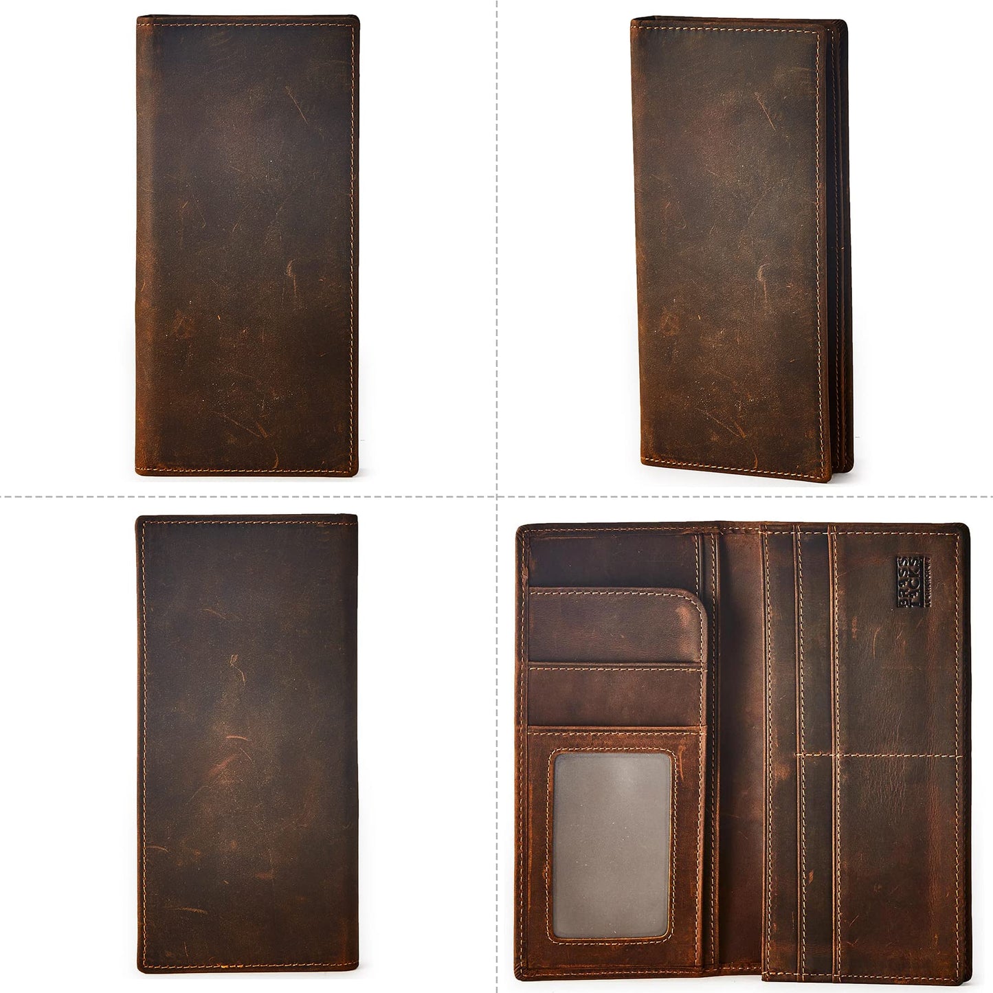 BRASS TACKS Leathercraft Vintage Long Wallet for Men Top Grain Leather Dark Brown Cowhide Bifold Wallet Gift Box