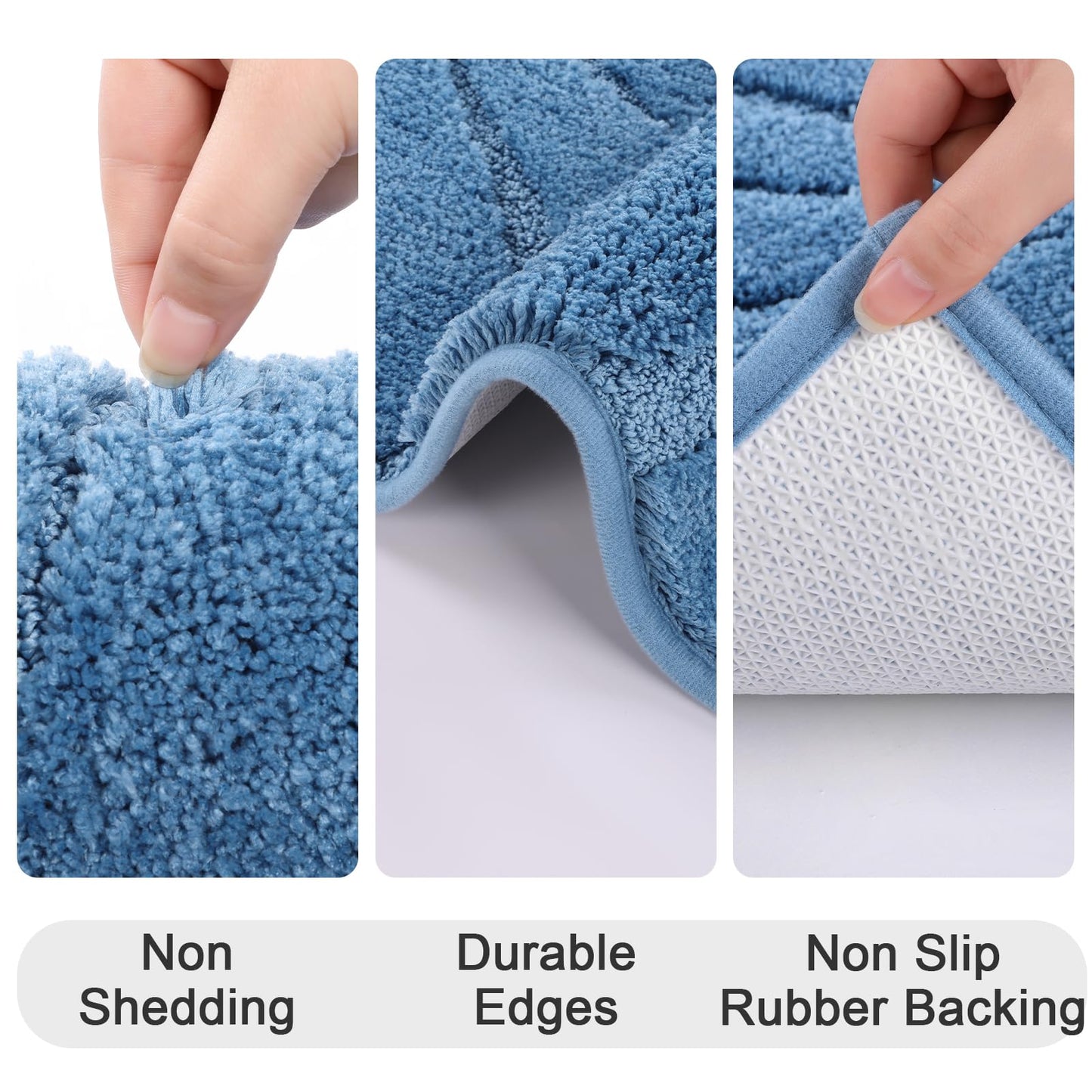HEBE Bathroom Rugs Sets 5 Piece, Soft Absorbent Microfiber Bath Mat for Bathroom, Non Slip Washable Bath Rug Set with Toilet Cover, Bath Runner and U-Shaped Contour Toilet Rug, Blue