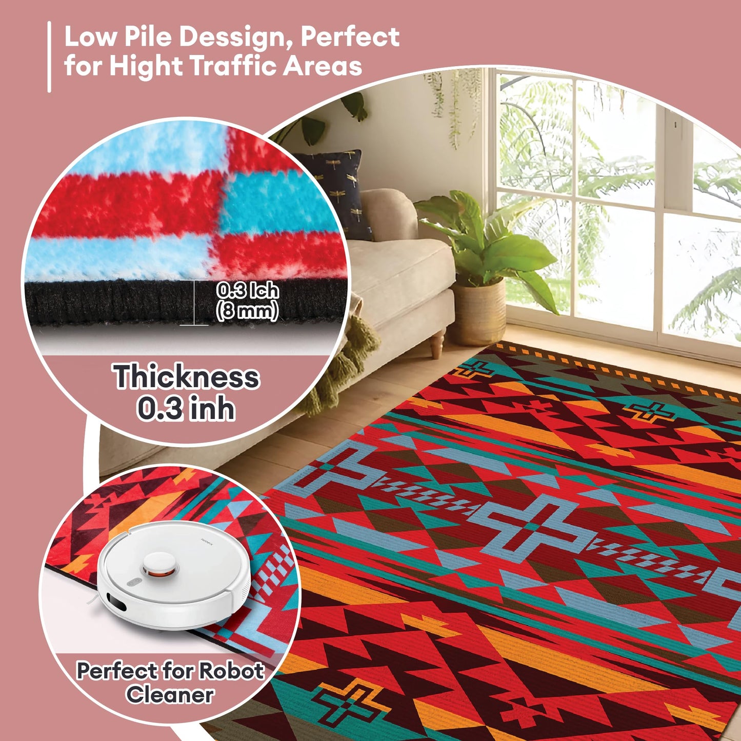 Southwest Area Rug for Living Room, 3x5 ft Native American Carpet for Farmhouse, Hallway, Kitchen, Living Room, Bedroom