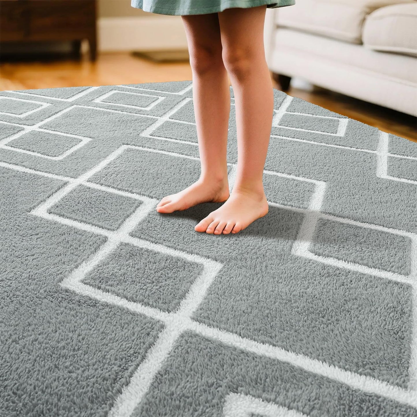 Rtizon Soft Runner Rug, 2x6Ft Moroccan Non-Slip Carpet for Bedroom, Geometric Small Area Rugs with Memory Foam for Living Room Office Bedside Dorm Hallway, Grey and White