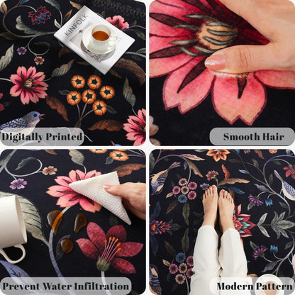 Vowkten Vintage Medallion Floral 3x5 Washable Rug, Soft Low Pile Area Rug, Non-Slip Carpet for Bedside, Bedroom, Bathroom, Entryway, Kitchen, Office, Kids/Girls Room | Black