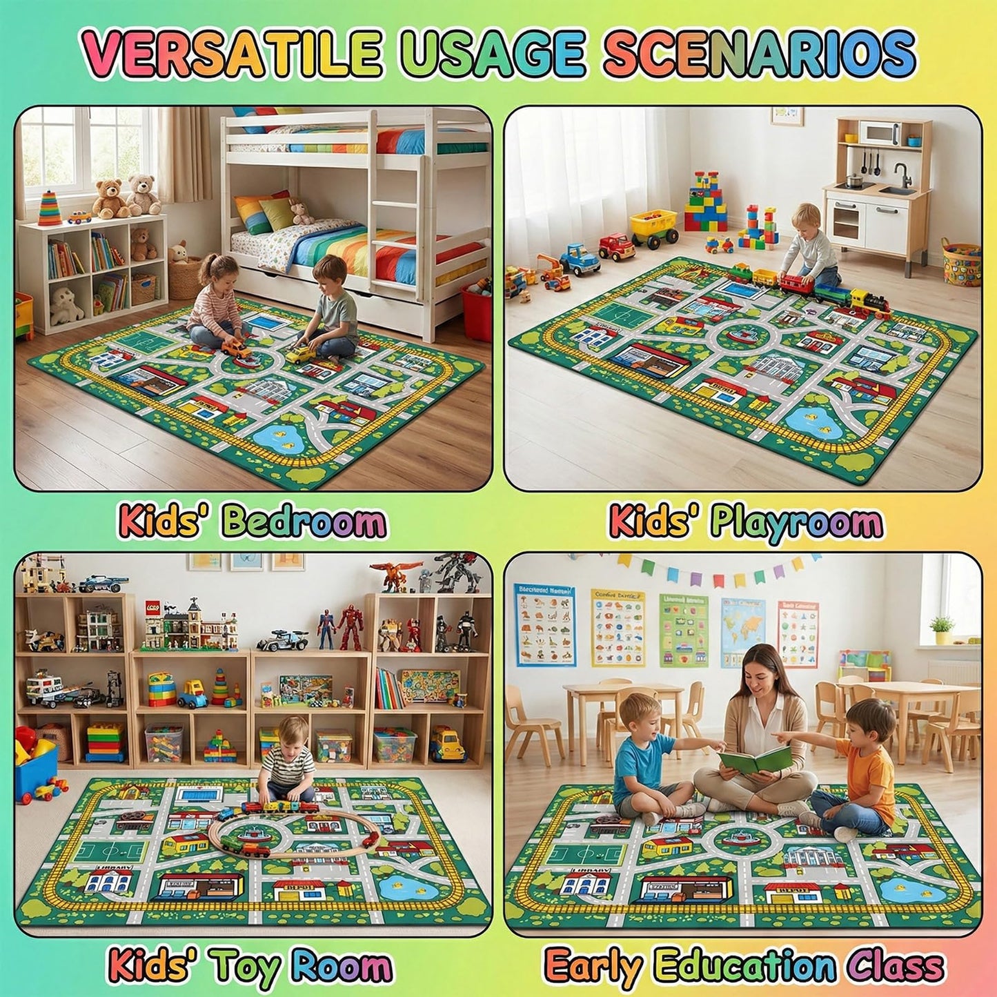 Plyra Kids Car Road Rug (3x5 Ft), Non-Slip City Traffic Play Mat for Toy Cars, Train Track Carpet for Kids Room, Educational Town Map with Police Station, Hospital & Cinema