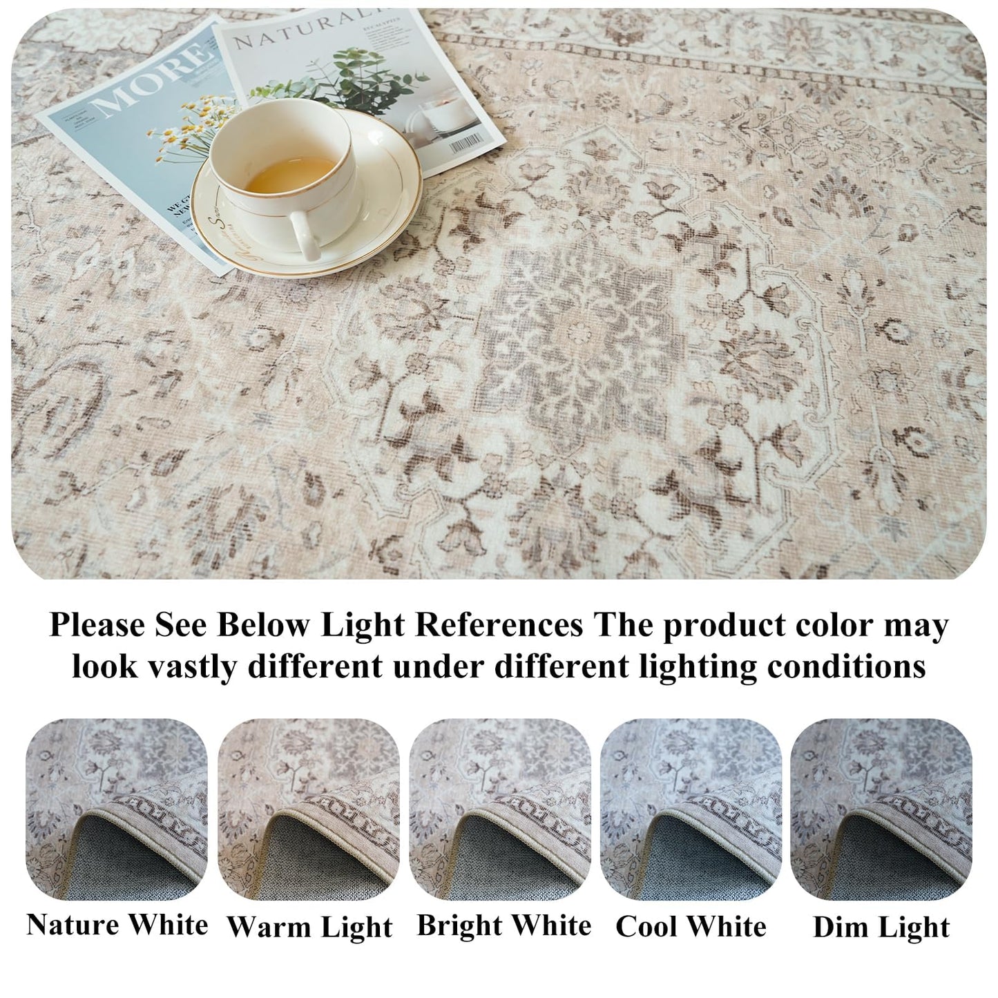 Washable 5x5 Square Area Rugs: Indoor Non-Slip Entryway Kitchen Rugs Oriental Stain-Resistant Bathroom Laundry Floor Mat Water Resistant Light Weight Carpet for Living Room Bedroom Nursery(5x5,Beige)