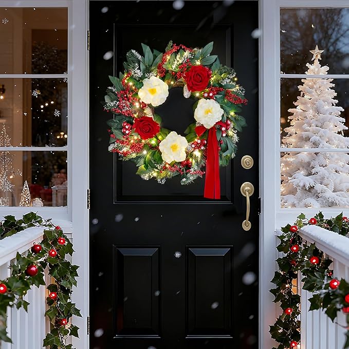 Prelit Christmas Wreaths for Front Door 24 Inch Holiday Wreath with Red Roses, White Peonies, Red Berries, Greenery & Velvet Bow Christmas Door Wreath Indoor Outdoor