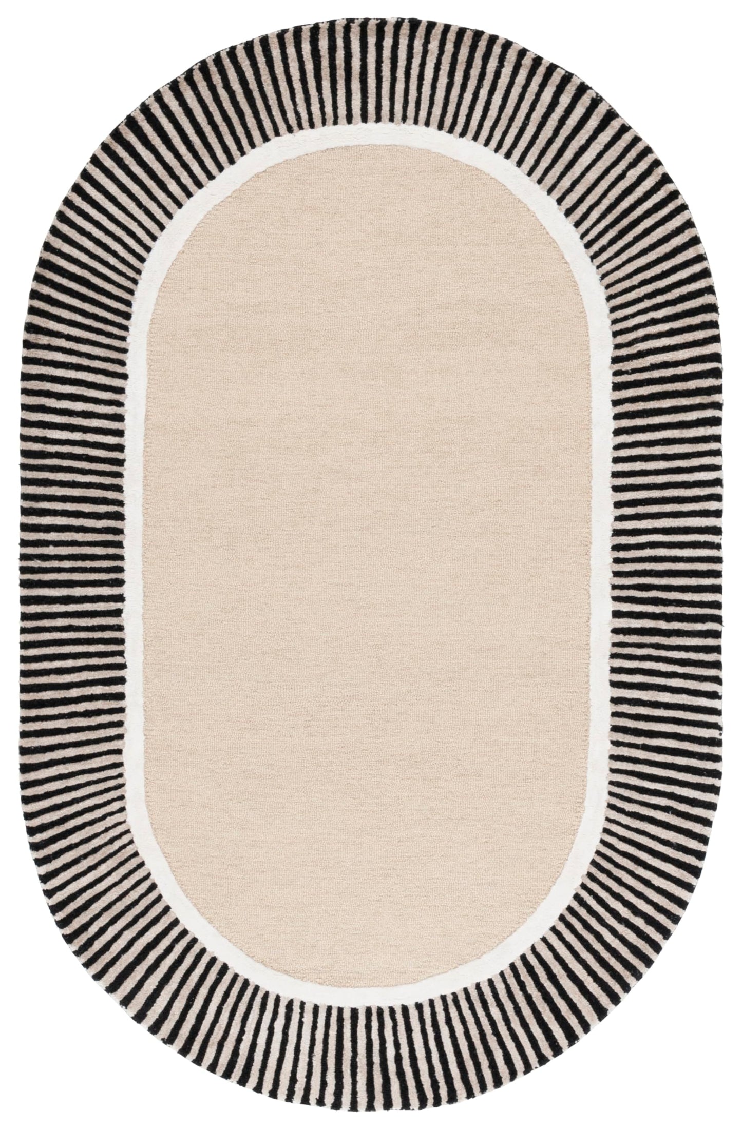 SAFAVIEH Fifth Avenue Collection Area Rug - 6' x 9' Oval, Beige & Black, Handmade Wool & Viscose, Striped Border Design, Ideal for The Living Room, Dining, Bedroom (FTV107B)