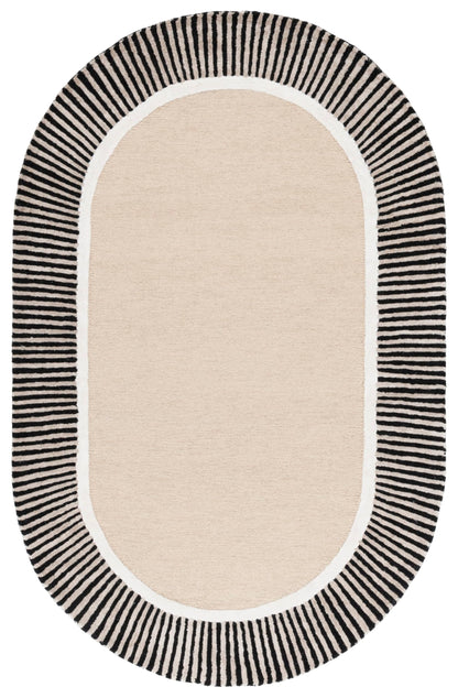 SAFAVIEH Fifth Avenue Collection Area Rug - 6' x 9' Oval, Beige & Black, Handmade Wool & Viscose, Striped Border Design, Ideal for The Living Room, Dining, Bedroom (FTV107B)