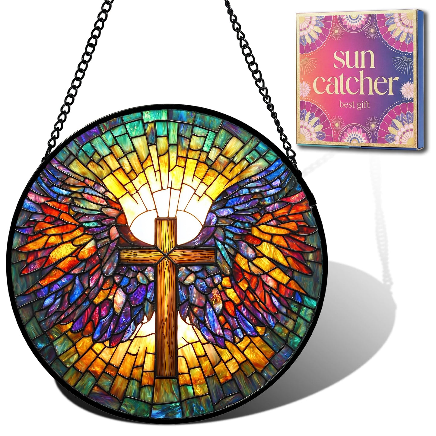 Christian Gifts for Mom - Cross Wings Faux Stained Glass Window Hanging Sun Catcher for Acrylic Home Decor Mother's Day Christmas Easter Religion Gift for Women Nana Men Grandma Wife Dad 7.8"
