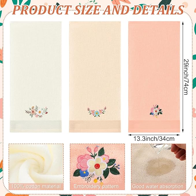 3 Pcs Boho Flowers Hand Towels Embroidered Modern Flowers Bathroom Decor 14x29