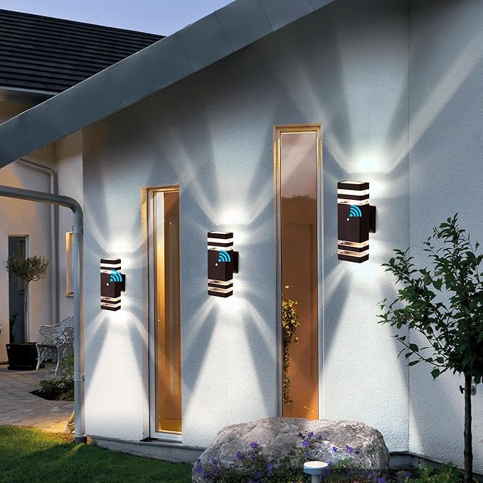 tewei 2 Pack Outdoor Wall Lights, Modern Dusk to Dawn LED Outdoor Lighting 2-Layer Brown Outdoor Lights for House Exterior Wall Light Fixture Waterproof Up and Down Porch Lights for Garage Entryway