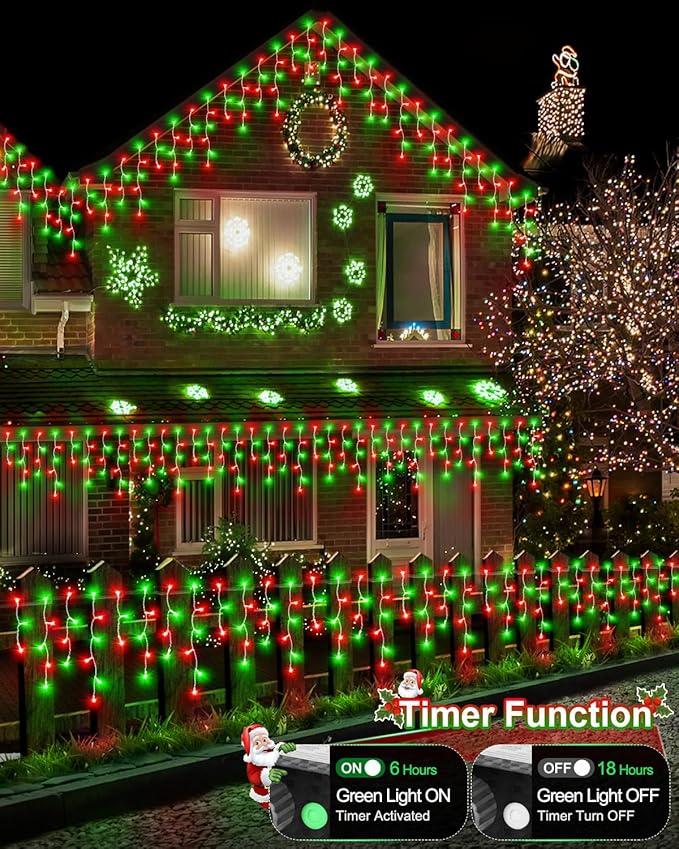 Christmas Lights Outdoor, 53 FT 486 LED Christmas Lights for Outside, Timer & Memory, Plug in 8 Modes Hanging Fairy Light with 108 Drops for House Eaves Yard Patio Decorations, Red Green