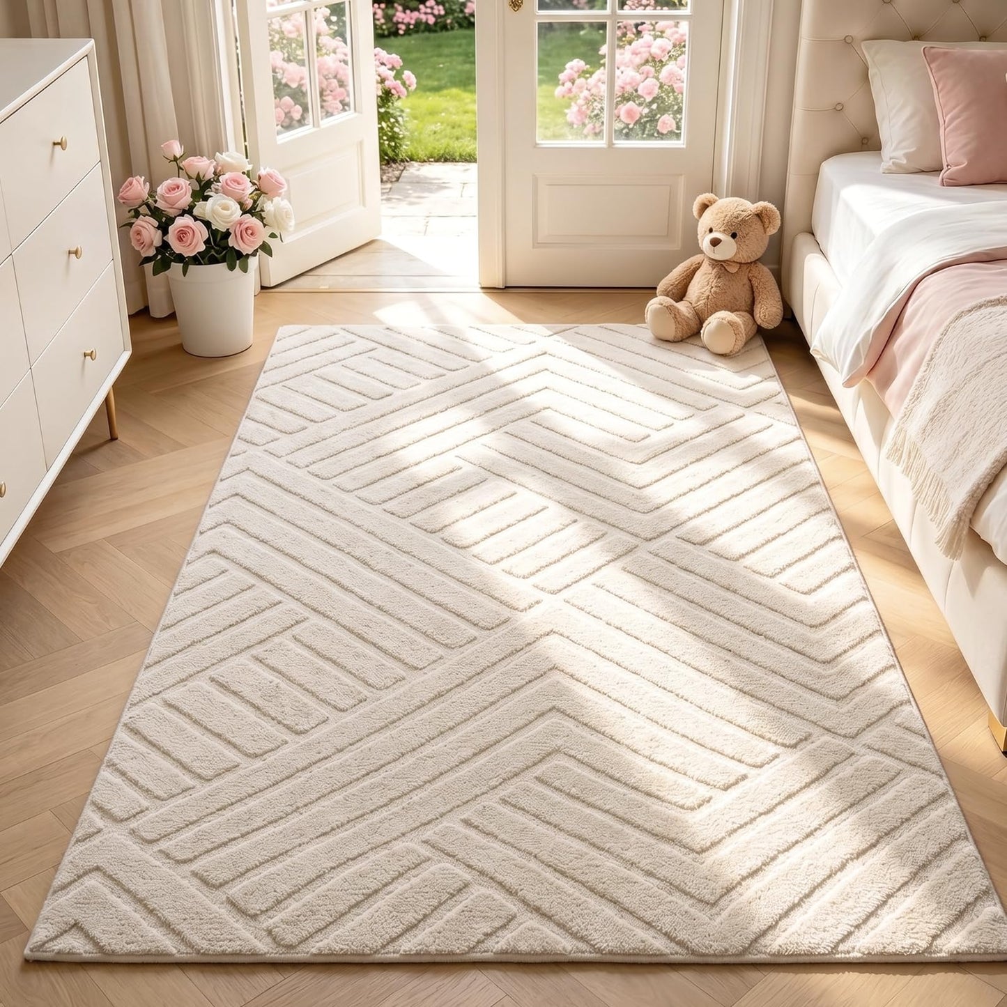 Bsmathom 3x5 Washable Area Rug, Boho Neutral Modern Soft Carpet Mat, Beige