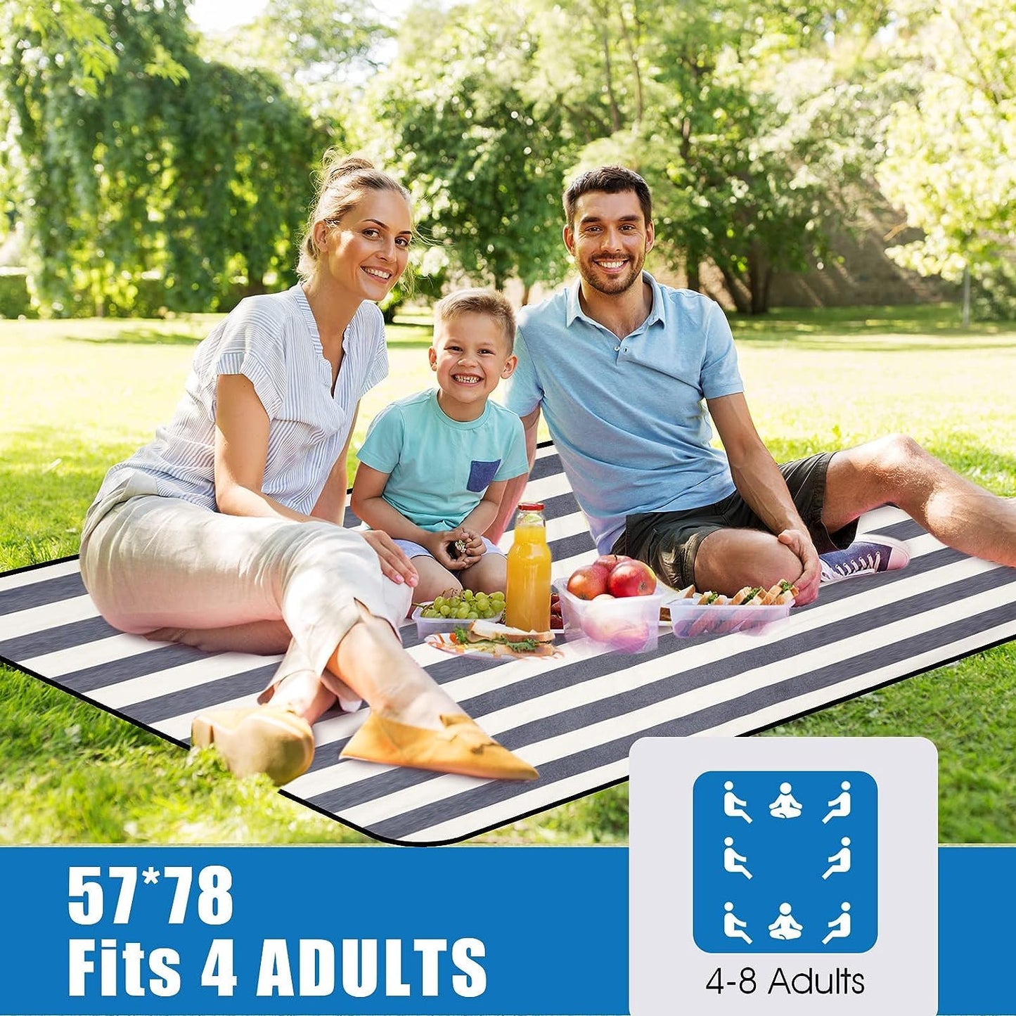 G GOOD GAIN Waterproof Picnic Blanket Portable with Carry Strap for Beach Mat or Family Outdoor Camping Party, Park Blanket for Grass Park, Hiking, Travel, Concerts (Denim Blue)