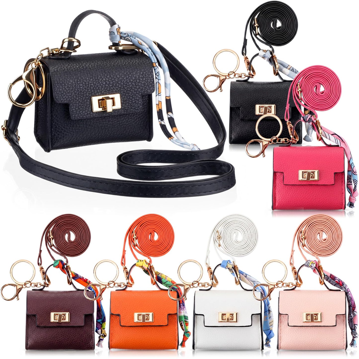 Shinylin 6 Pcs Mini Backpack Keychain Cute Cosmetic Bag for Women PU Leather Makeup Bag Key Pocket Lipstick Bags Card Holder Data Cable Organizer Zipper Pouch with Lanyard Ideal for Gift (Elegant)