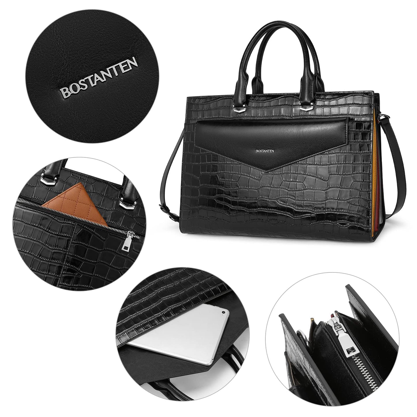 BOSTANTEN Laptop Briefcase for Women 15.6 Inch Tote Bag Genuine Leather Handbag Crocodile Pattern Work Bussiness Bag
