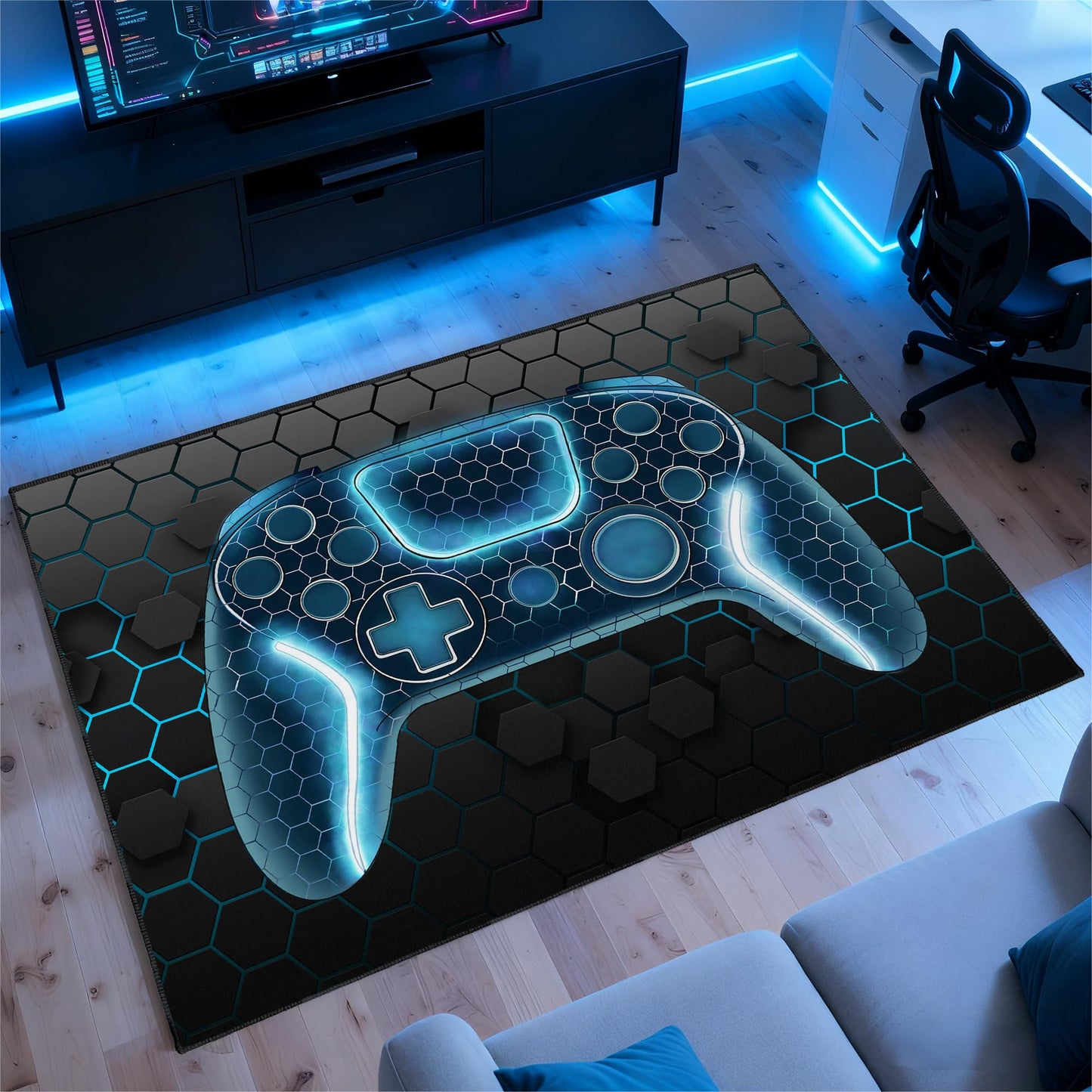 Vesocro Gamer Rug for Room,3x5 ft Non-Slip Blue Gaming Rugs for Bedroom Living Room and Game Space Decor