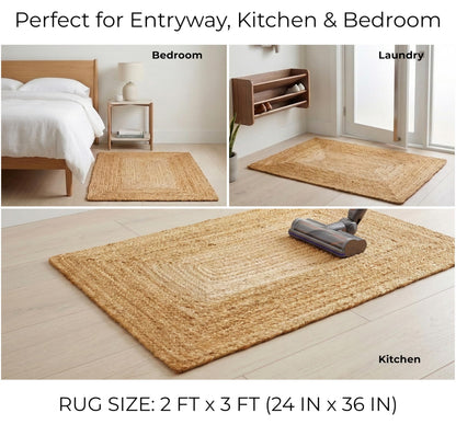 Jute Braided Small Rug, Natural - 2x3 Feet, Accent Reversible Hand Woven Doormat for Entryway, Kitchen, Living Room, Nursery | Rustic Neutral Front Door Floor Mat for Outdoor/Indoor Use - 24x36 Inches