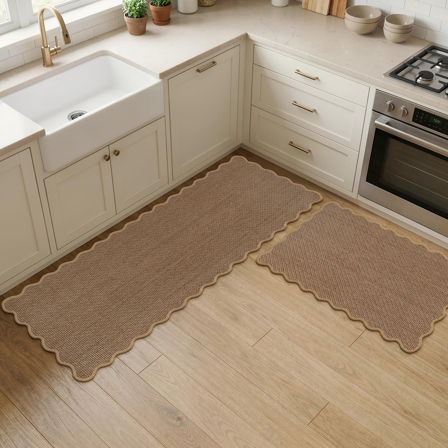KIMODE Kitchen Rugs and Mats Set of 2,Scalloped Kitchen Mats for Floor,Non Slip Washable Farmhouse Kitchen Runner Rug,Absorbent Braided Kitchen Sink Mats for Kitchen Decor,17"x29"+17"x47",Brown