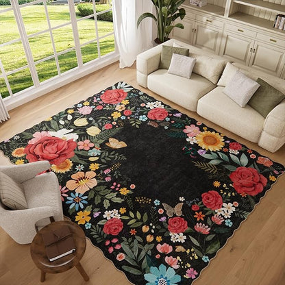 Washable Rugs for Living Room: 8x10 Area Rugs for Bedroom Soft Ultra Thin Stain Resistant Non Slip Low Pile Lightweight Vintage Floral Carpet for Dining Room Decor (Black)