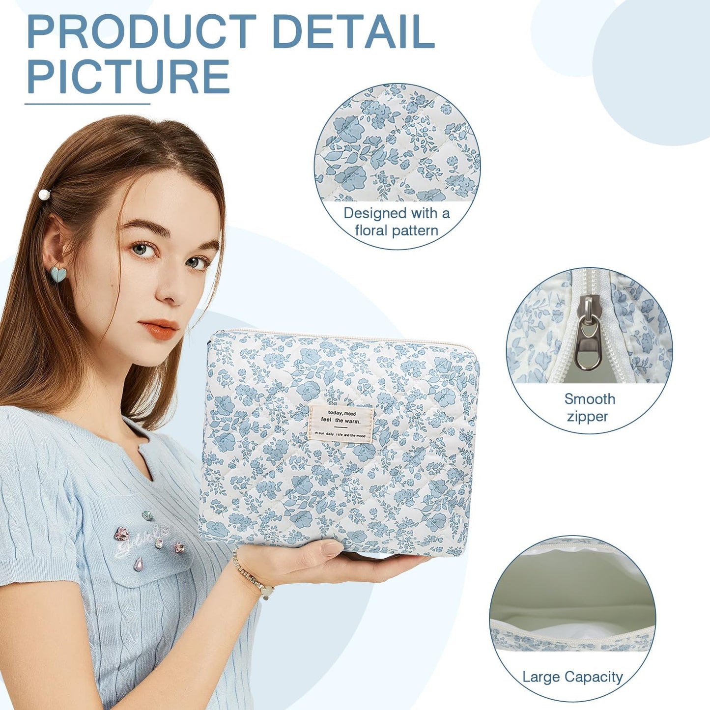 Gosect Large Makeup Bag, Cute Cosmetic Bag for Women Girls, Floral Coquette Aesthetic Toiletry Bag, Travel Make Up Organizer Bag(Blue Floral)