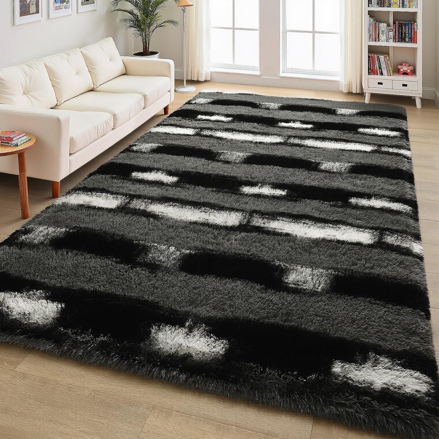 FALARK Fluffy Area Rugs for Bedroom Living Room, 4x6 Black and Grey Soft Plush Striped Rug, Modern Indoor Non Slip Washable Carpet, Furry Throw Carpets for Home Decor