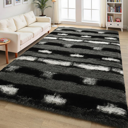 FALARK Fluffy Area Rugs for Bedroom Living Room, 4x6 Black and Grey Soft Plush Striped Rug, Modern Indoor Non Slip Washable Carpet, Furry Throw Carpets for Home Decor