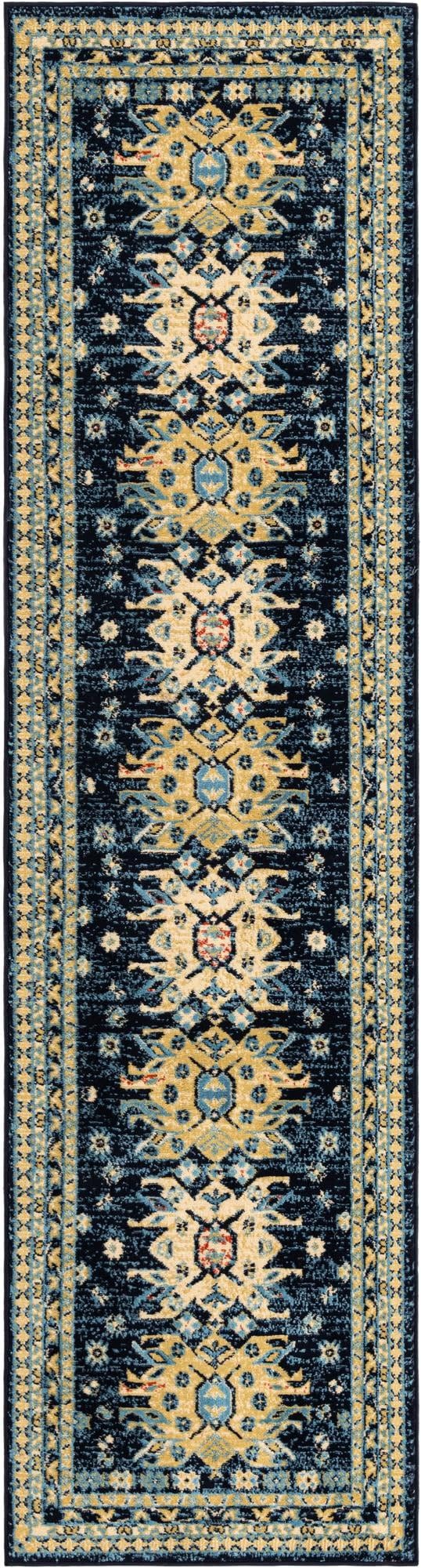 Unique Loom Taftan Collection Border Geometric Tribal Inspired Design Area Rug (2' 7 x 10' 0 Runner, Navy Blue/ Gold)