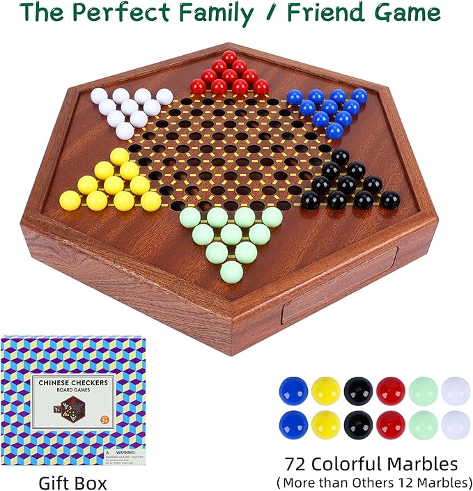 Wooden Chinese Checkers Set with Storage Drawer 13 inches Upgraded Version Game Board 60+12 Acrylic Marbles in 6 Colors Classic Strategy Games for Adults and Kids Fun for Family Gathering