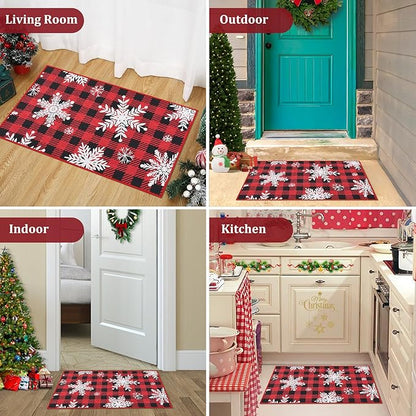 CAROMIO Christmas Doormat Holiday Xmas Buffalo Plaid Door Mat Winter Christmas Snowflakes Checkered Welcome Mat Outdoor Indoor Non Slip Decorative Entrance Floor Mat for Front Porch, 17x29 Inch