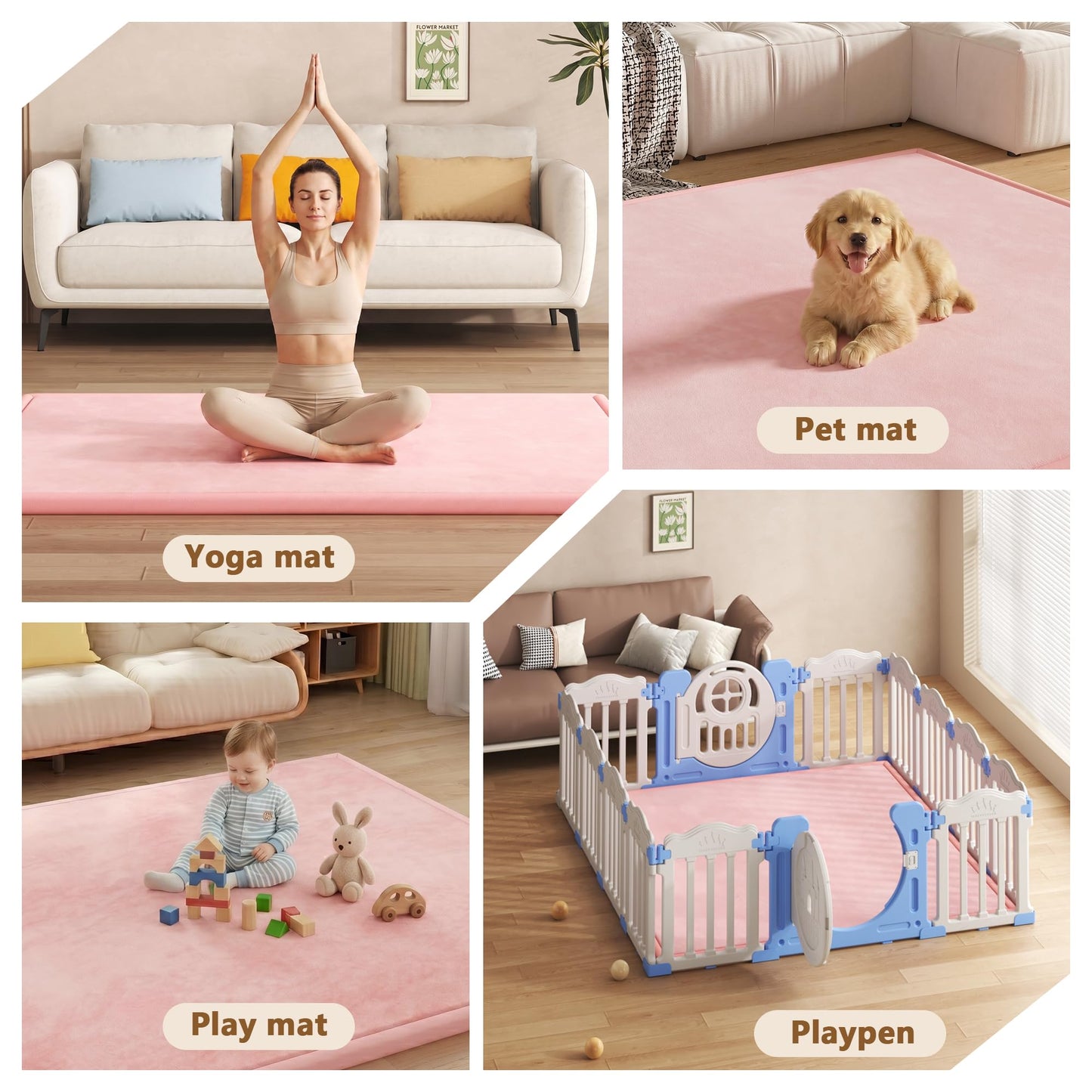 Baby Play Mat for Floor, 1.3'' Thick Memory Foam Tummy Time Mat - Super Soft Coral Velvet Nursery Rug with Non-Slip Backing, Crawling Rug for Toddlers/Infants, Yoga & Tatami Use, Light Pink, 50''x50''