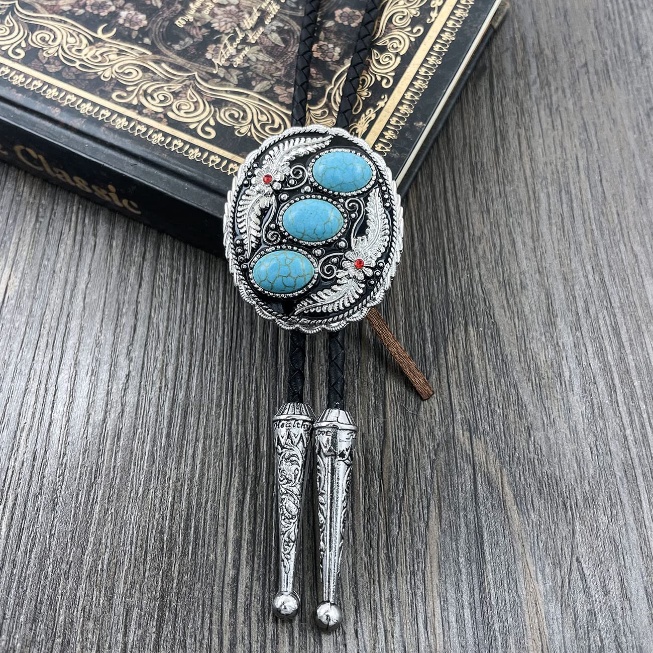 QUKE Vintage Native American Western Cowboy Three Blue Turquoise Stone Bolo Tie Hand-woven Leather Bola Tie Necktie for Men