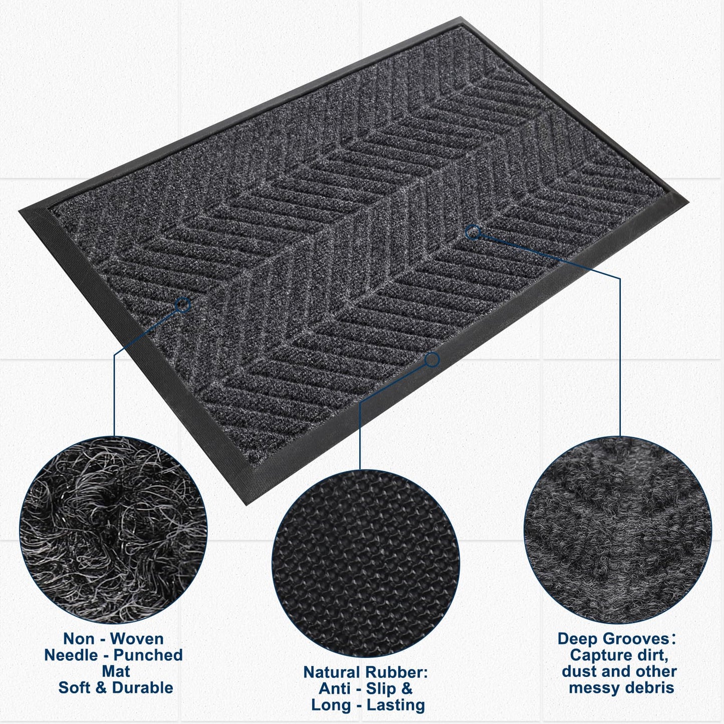 CATSH Non Slip Door Mat 29.5x17 Inch, Grey Chevron Dirt Trapping Entrance Mat, Rubber Low Profile Washable Indoor Outdoor Doormat for Entryway Garage Patio, Absorbent Stain Resistant Front Door Mat