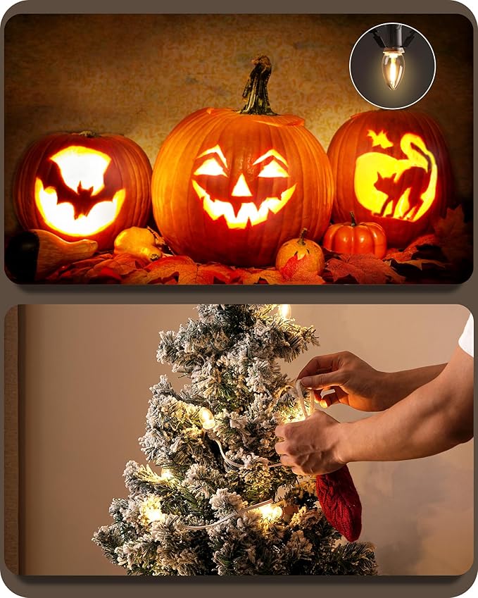 2Pack Christmas Village Lights, Decoration String Lights 10.5Ft with 4 C7 LED Bulbs, Warm, with Male and Female Plugs, for Christmas Snow House,Pumpkin Crafts,Holiday Decoration W03VLP205