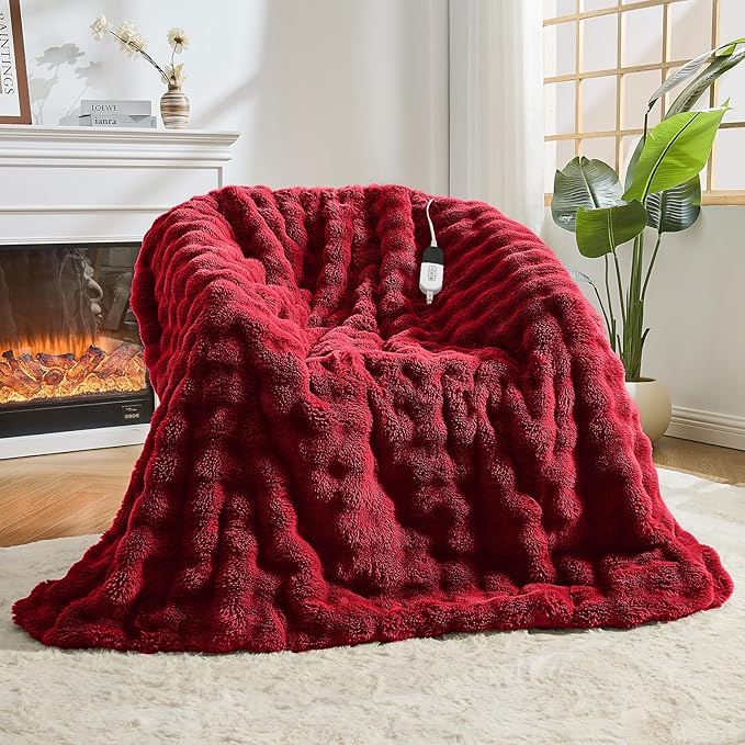 Heated Blanket Electric Throw Blanket 50''X 60''-Heating Blanket with 6 Heat Settings-4 Hours Auto Off,Cozy Faux Rabbit Fur Bubble Electric Blanket,Red