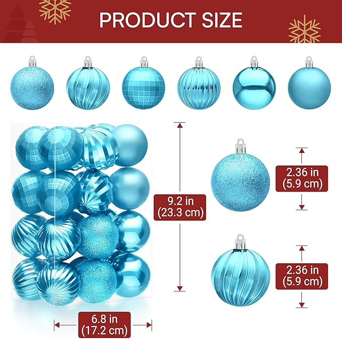 JOIEDOMI 24 Pcs Baby Blue Christmas Tree Ornaments Set, 2.36" Shatterproof Christmas Balls, Xmas Hanging Ornaments Decorations for Tree Wreath Garland Holiday Wedding Indoor Party Decor