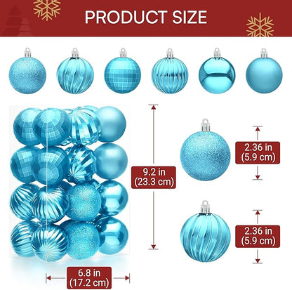 JOIEDOMI 24 Pcs Baby Blue Christmas Tree Ornaments Set, 2.36" Shatterproof Christmas Balls, Xmas Hanging Ornaments Decorations for Tree Wreath Garland Holiday Wedding Indoor Party Decor