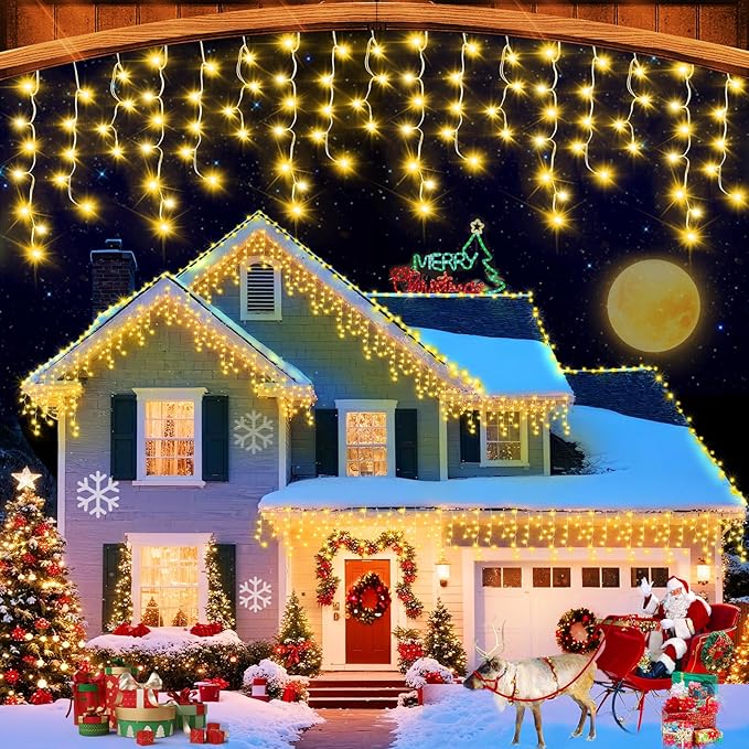 131FT Christmas Lights Outdoor 1440 LED Christmas Decorations Waterproof Plug in with 8 Modes & Timer Christmas Lights for Roof Party Garden Holiday Decor（Warm White）