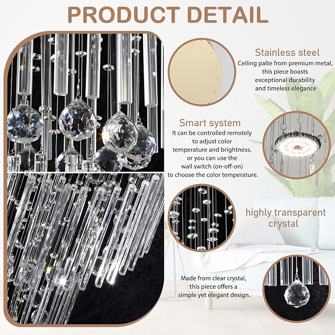 Flashing God D32''XH100'' Modern Large Chandelier for High Ceiling Raindrop Crystal Chandelier High Ceiling Pendant Light Fixture for Hallway Living Room Gold Stairwell Chandeliers