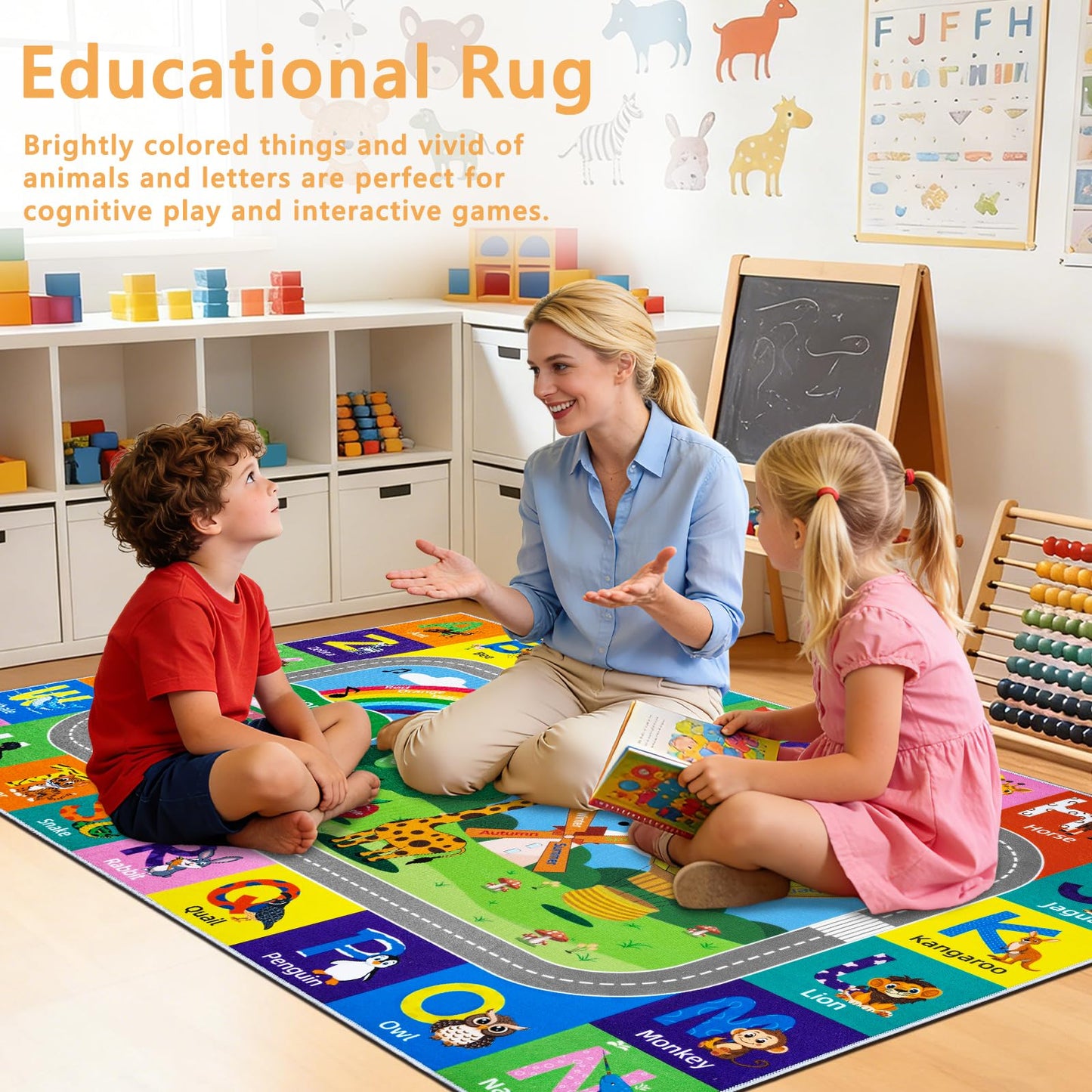 VSIWB Kids Rug for Playroom Educational ABC Rug Washable Play Mat Learning Alphabet Animals Numbers Non-Slip Soft Kids Carpet for Baby Toddler Classroom Nursery Bedroom Decor 3x5