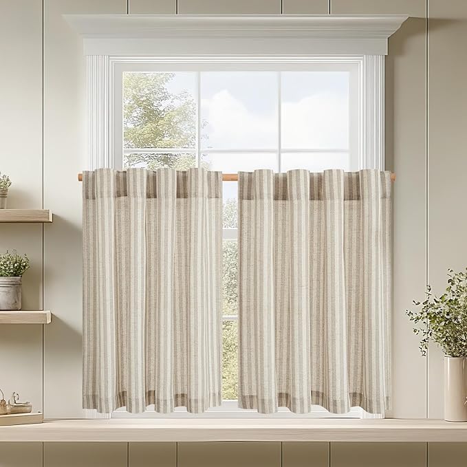 jinchan Linen Kitchen Striped Tier Curtains Ticking Stripe Farmhouse Pinstripe Cafe 45 Inch for Living Room Bathroom Small Window Curtains Light Filtering 2 Panels Taupe Grey