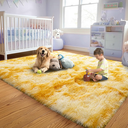 Large 8x10 Area Rugs for Living Room, Tie-Dyed Yellow Soft Shag Rug for Bedroom, Non-Slip Ultra Fluffy Rug, Modern Plush Carpet for Girls Boys Kids Room Dorm, Fuzzy Rug for Home Decor Aesthetic
